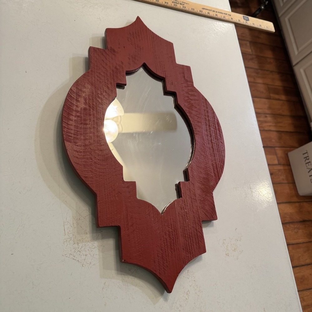 Wall Mirror Quatrefoil Moroccan Style Red Wooden 23" X 13.5"